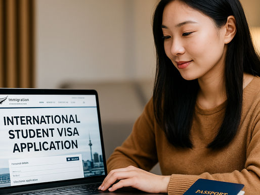 Asian girl student looking at laptop for New Zealand Immigration Website, with passport next to her on the table.