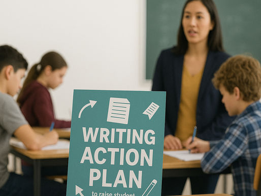 Female teacher with a bunch of students sitting in a classroom writing