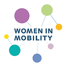 Logo von Women in Mobility: Der Schriftzug ‚WOMEN IN MOBILITY‘ steht mittig in dunkelblauer Schrift vor bunten kreisen