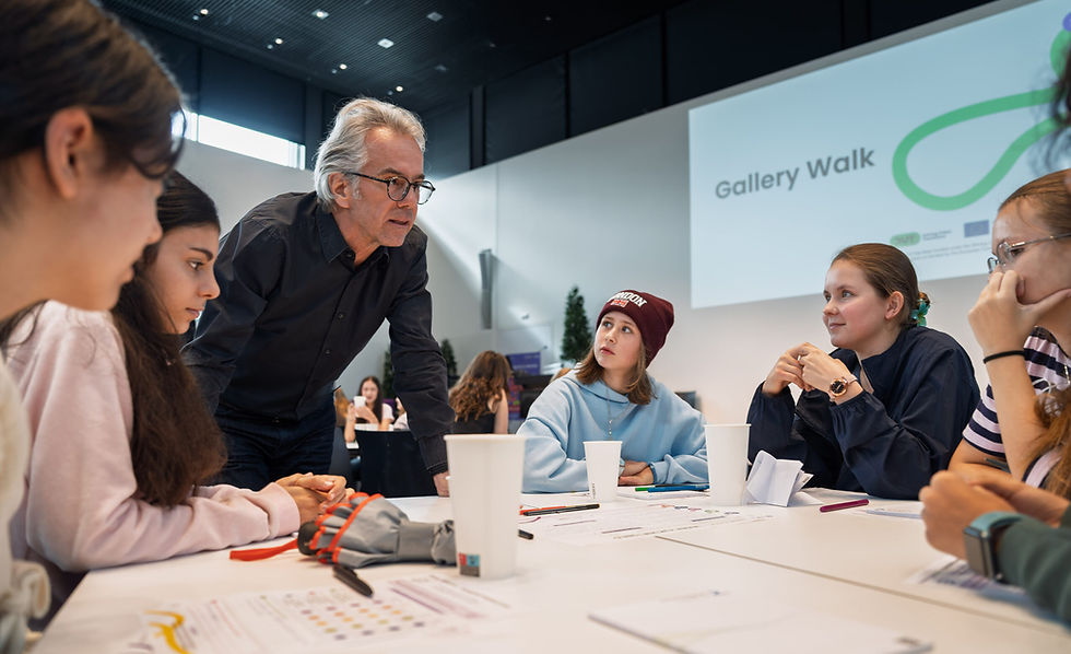 Eine Gruppe junger Menschen sitzt bei einem Workshop an einem Tisch mit Arbeitsmaterialien und diskutiert mit einem älteren Mann, der sich zu ihnen beugt. Im Hintergrund ist eine Präsentation mit der Aufschrift „Gallery Walk“ zu sehen.