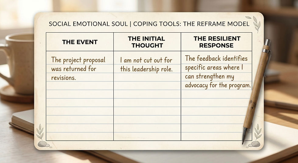 Reframe model chart on desk with pen and cup, showing event, thought, and response on project proposal revisions. Calm, reflective setting.