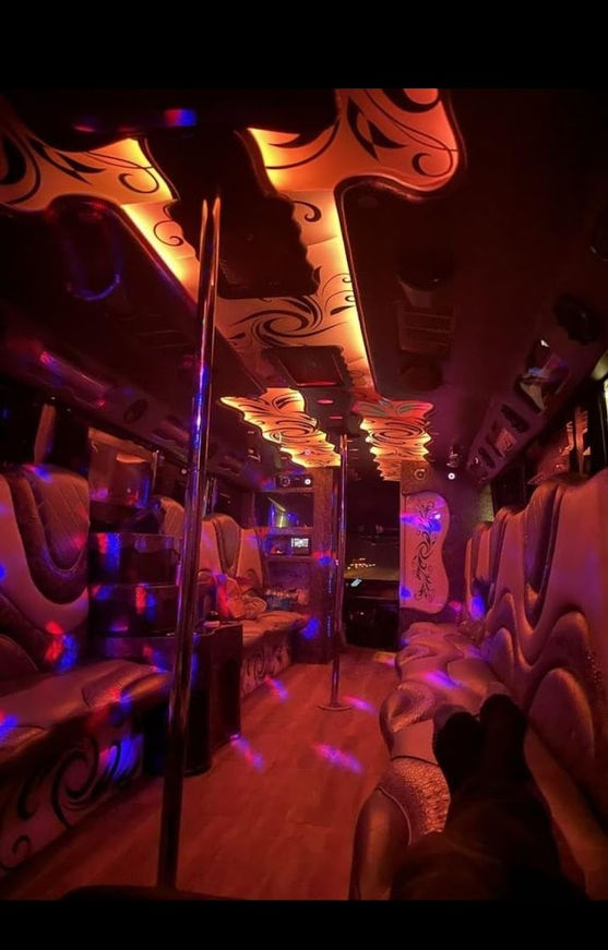 Party bus interior: purple lights, dance pole, seating