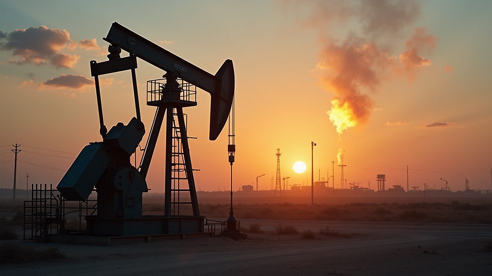 Wide angle view of an oil field with flaring gas