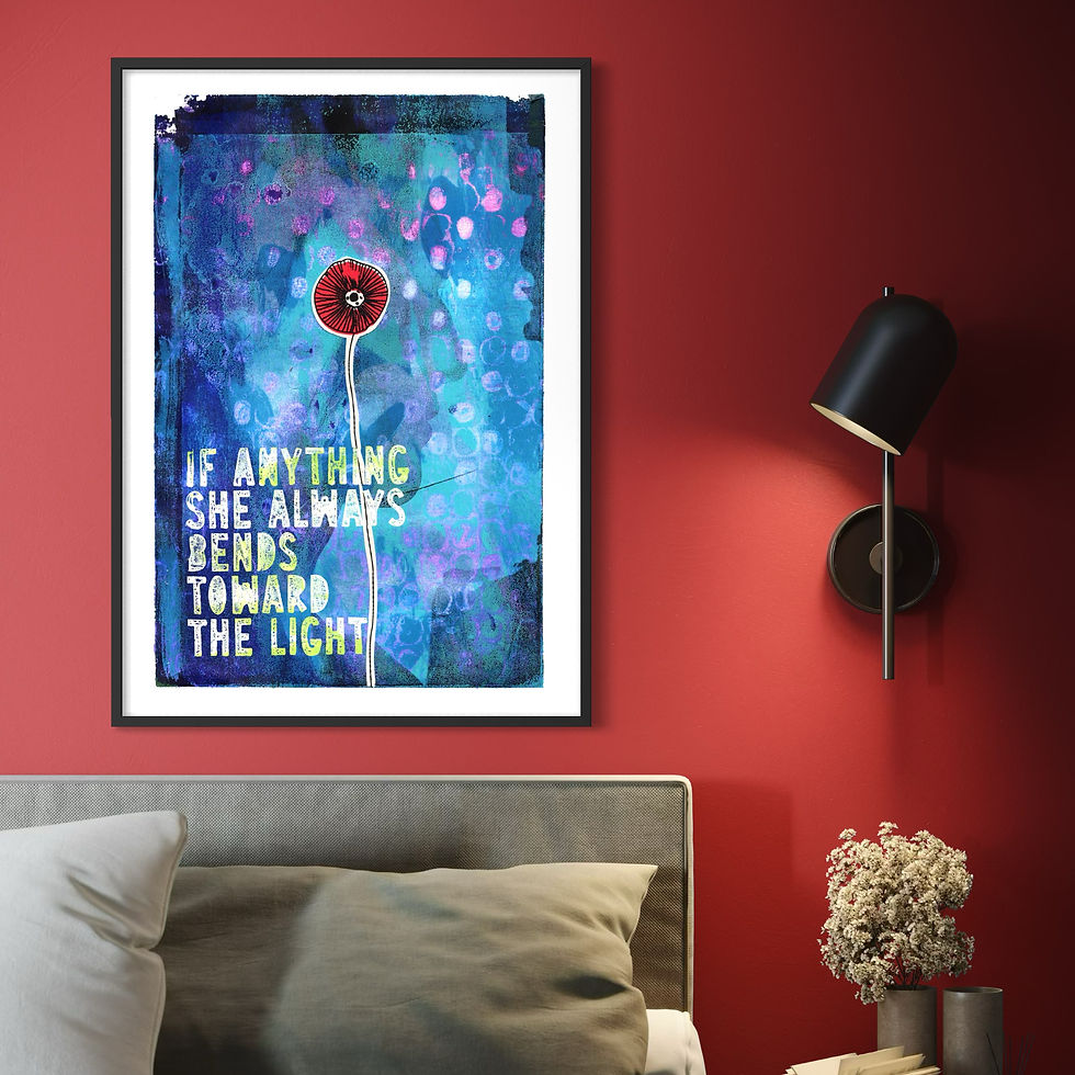 Thumbnail: Botanical Abstract Monoprint Art titled If Anything featuring a single red flower against a textured blue and violet backgrou