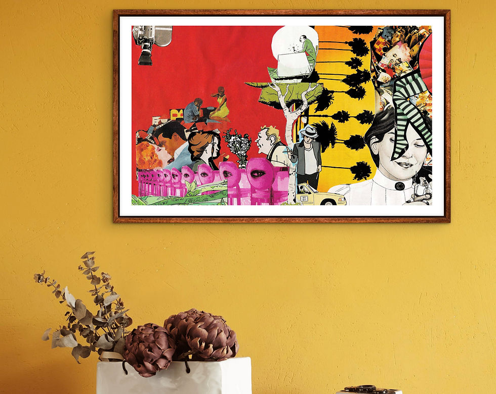 Thumbnail: Cinematic Vintage Collage Art titled Sunset Flamingo featuring figures and symbols over bold red and pink fields.