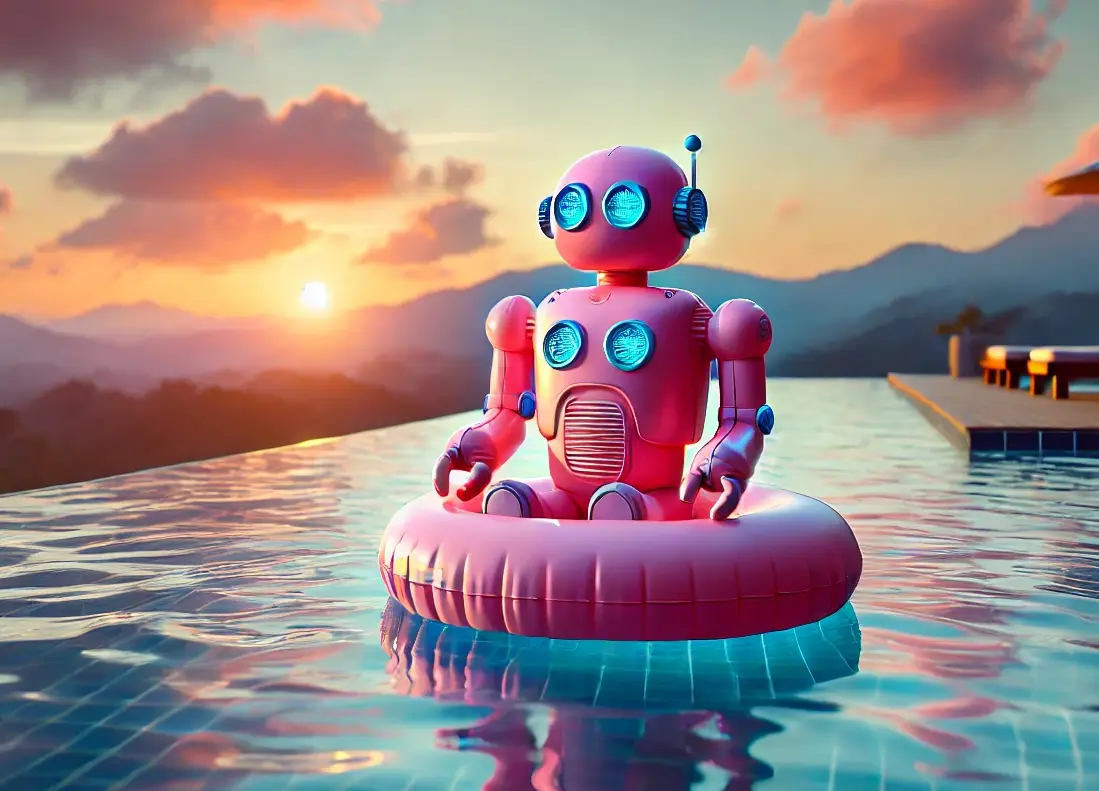 DALL·E 2024-07-30 13.02.33 - An inflatable pink robot floating in an infinity pool at suns