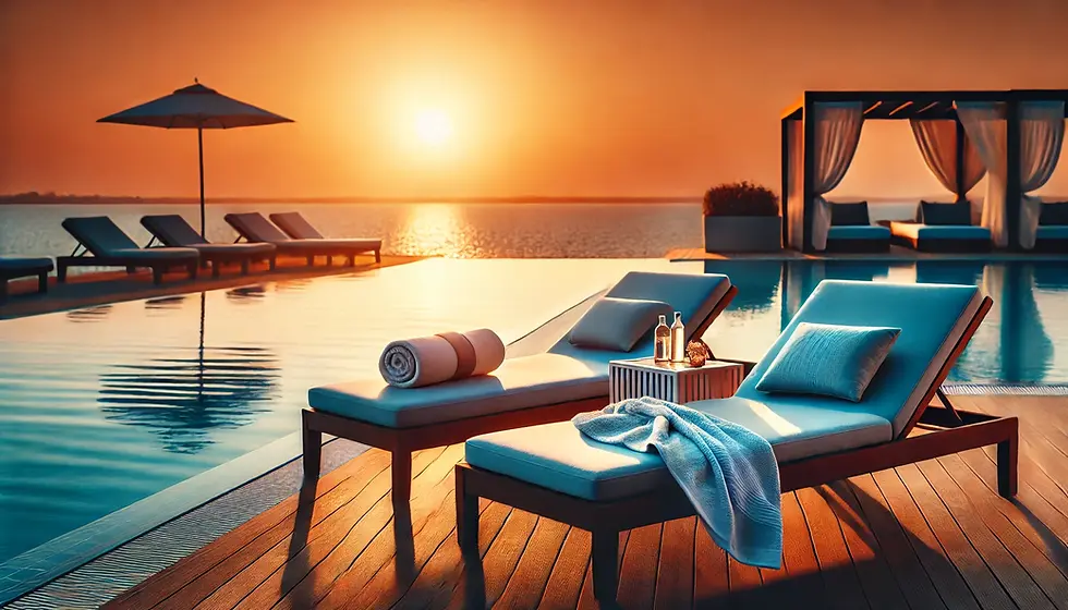 DALL·E 2024-08-02 15.01.41 - Two sun loungers by an infinity pool at sunset. One sun loung