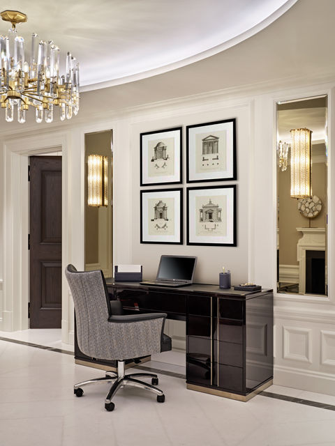 luxury office, home office, bespoke desk, architectural prints