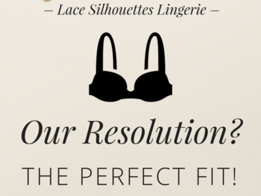 Black bra icon on beige background. Text: Lace Silhouettes Lingerie, Our Resolution? The Perfect Fit!