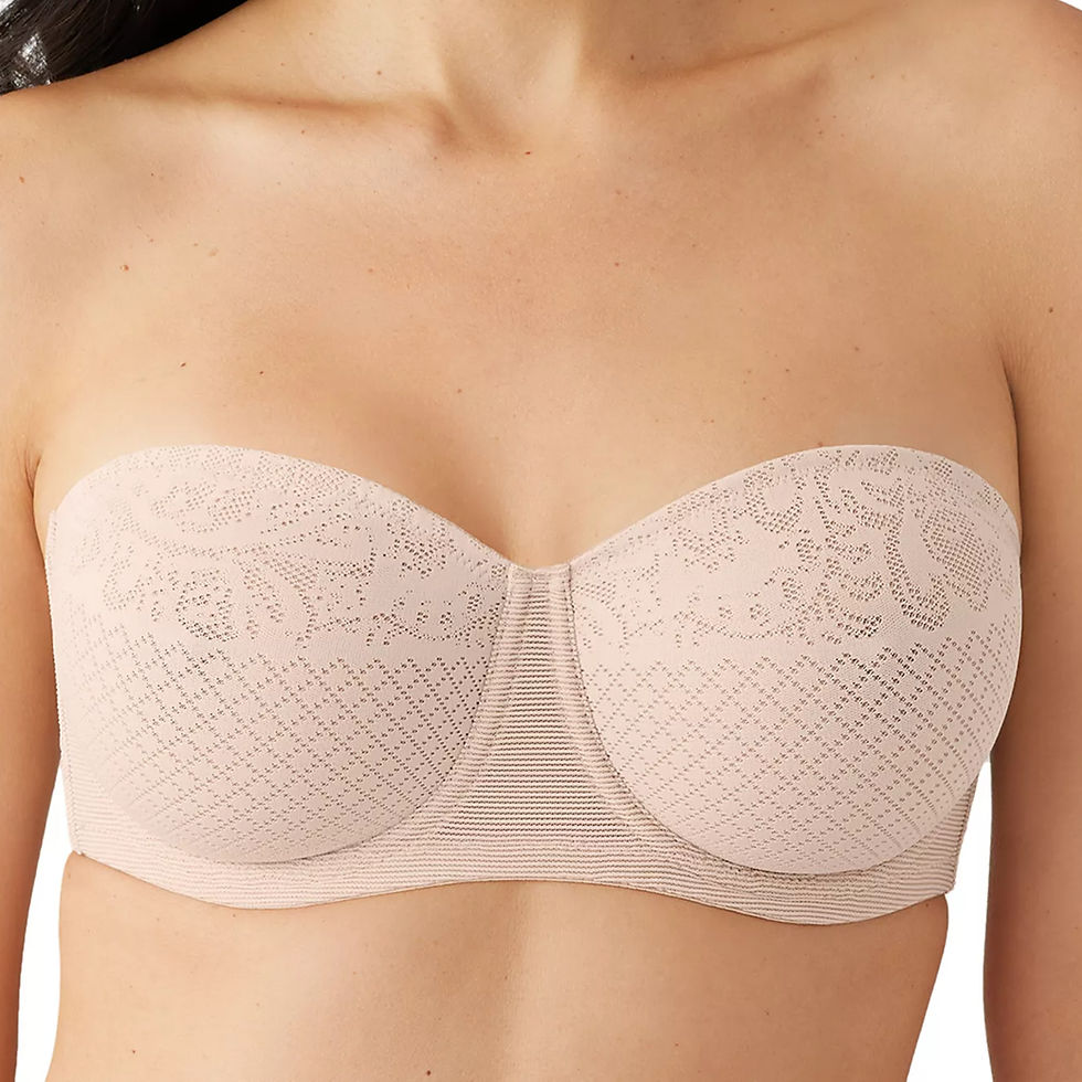 Woman wearing a beige Wacoal Visual Effects strapless minimizer lace-patterned bra with textured details. The focus is on the bra and upper torso against a neutral background.