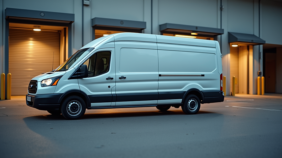 Eye-level view of a courier van parked outside a business loading dock