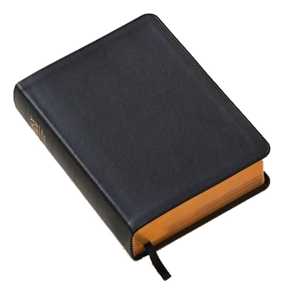 Finding Jesus Christ Black cowhide leather King James Holy Bible lying flat with gilded gold edges and ribbon bookmark
