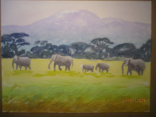 Elephants below Mount Kilimanjaro