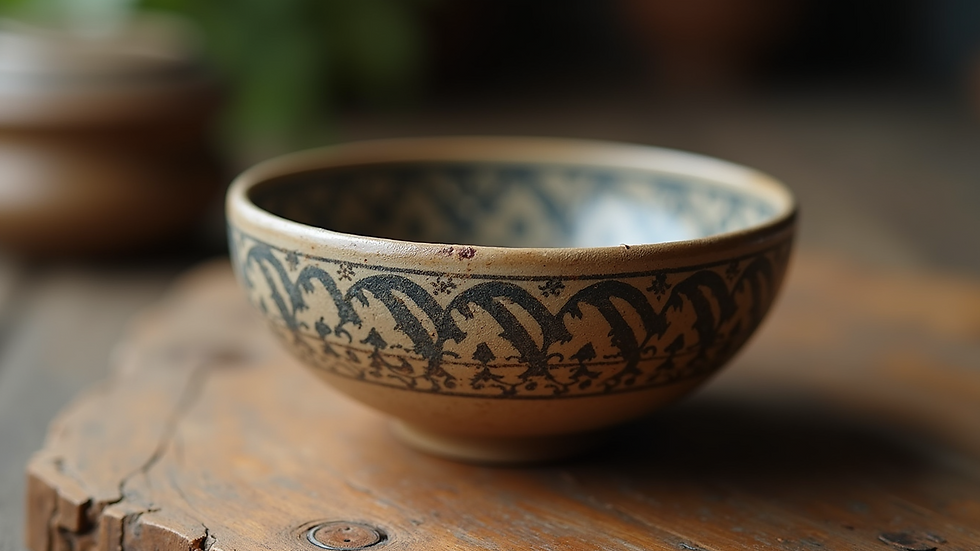 Close-up view of a handmade ceramic bowl with intricate designs