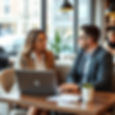 an hr consultant sitting in a coffee shop, helping a client with career questions, consult