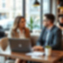 an hr consultant sitting in a coffee shop, helping a client with career questions, consult