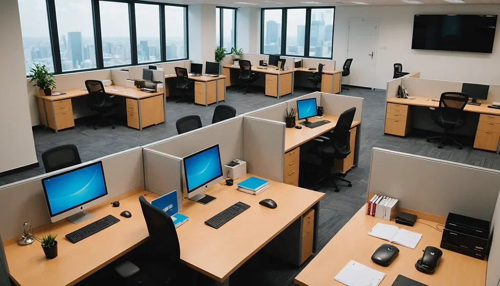 Empty office cubicles symbolizing the shift from traditional B2B sales teams to agentic AI, where humans, AI agents and technology increasingly work together in a new revenue operating model.