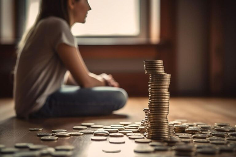 Uma mulher está sentada no chão de um ambiente iluminado por luz natural, desfocada ao fundo. À frente, uma pilha de moedas está em foco, com várias outras moedas espalhadas pelo chão, simbolizando temas relacionados a finanças, prioridades ou reflexão sobre dinheiro e recursos.