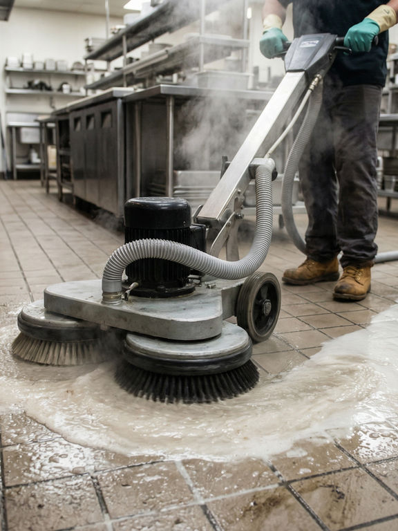 Professional using commercial floor scrubber for restaurant deep cleaning