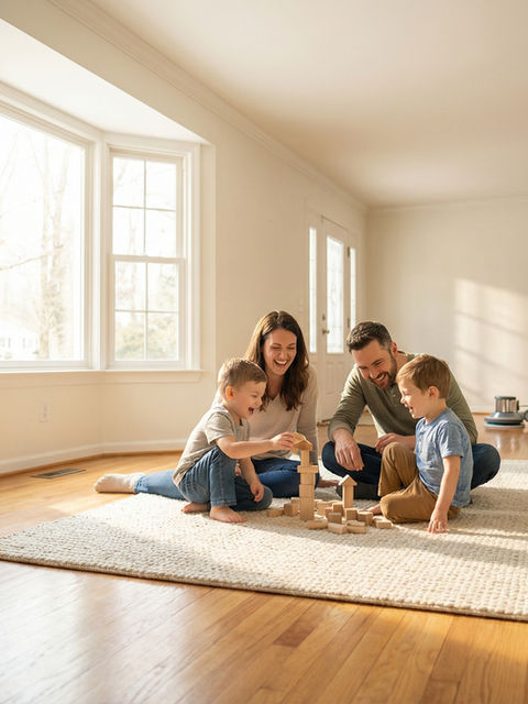 Family enjoying clean floors maintained with eco-friendly cleaning solutions