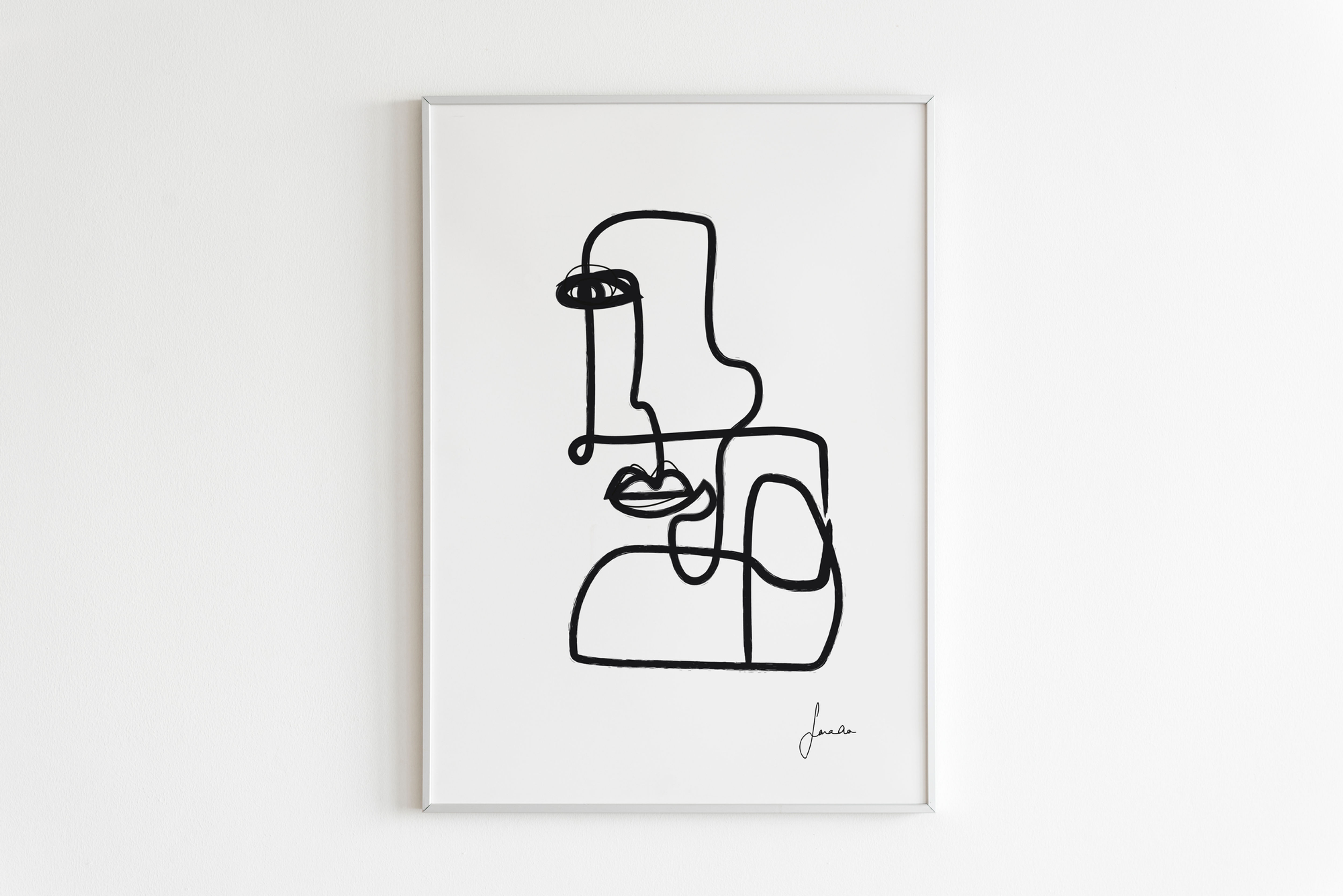 One Line Face Drawing Print in White Framed
