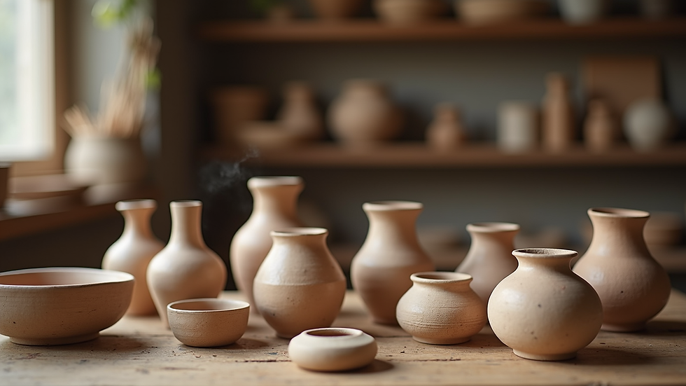 Close-up view of a wooden table with handmade pottery and artisan crafts