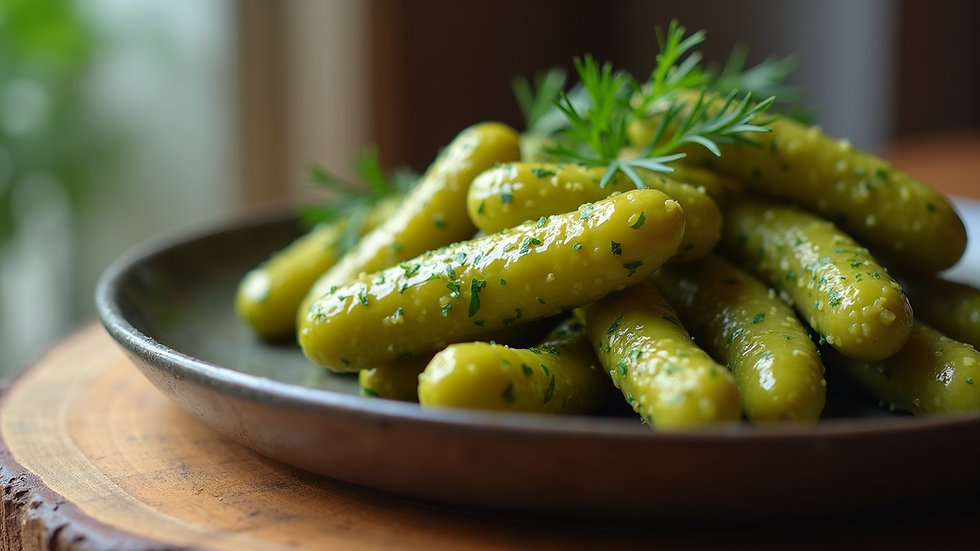 Eye-level view of a plate filled with homemade dill pickles