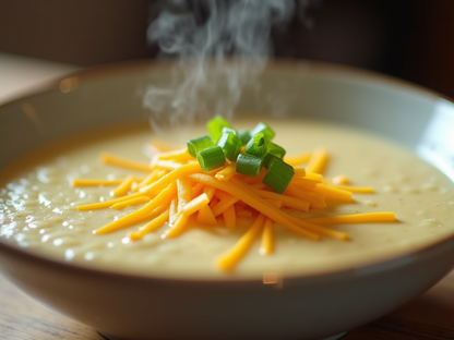 Potato soup topped with shredded cheese and green onions