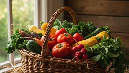 A fresh picked wicker basket of vegetables