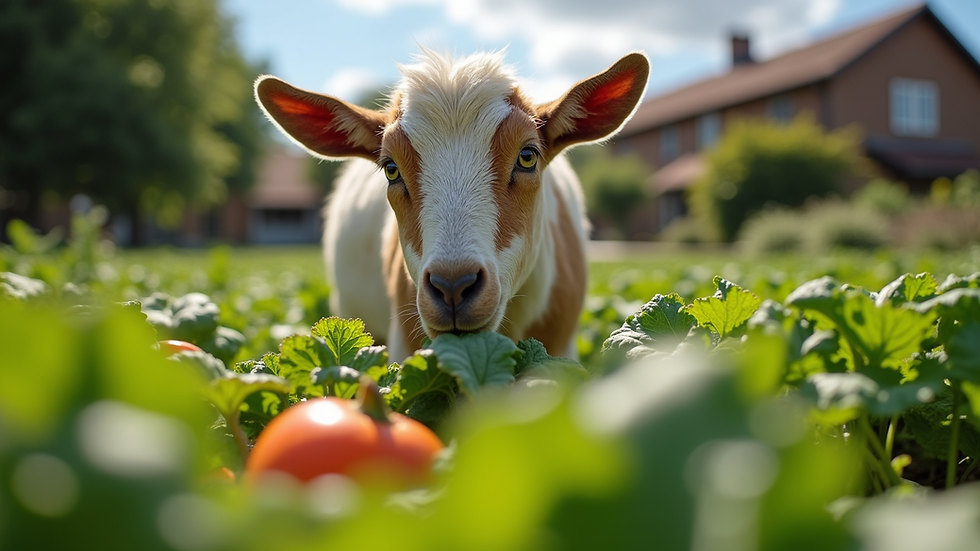 Eye-level view of a goat enjoying fresh vegetables in a garden.