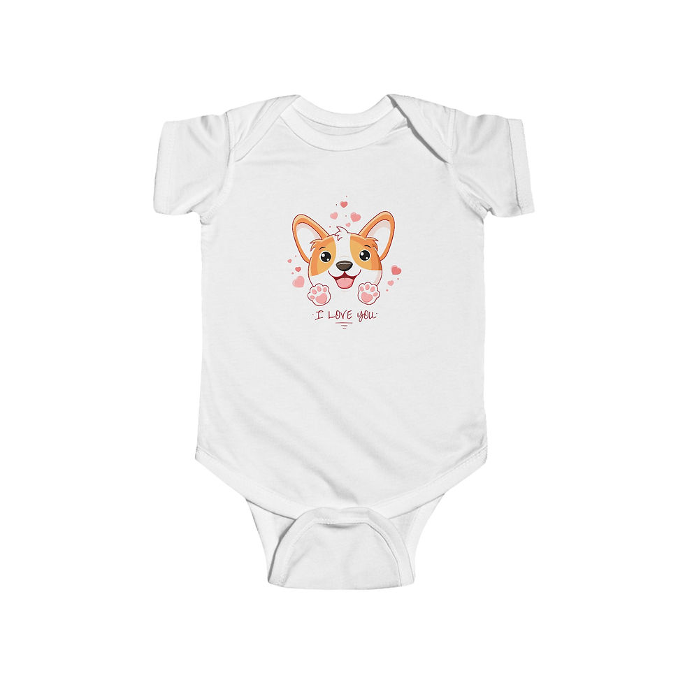 White baby onesie with "I Love You" stated under a cute puppy