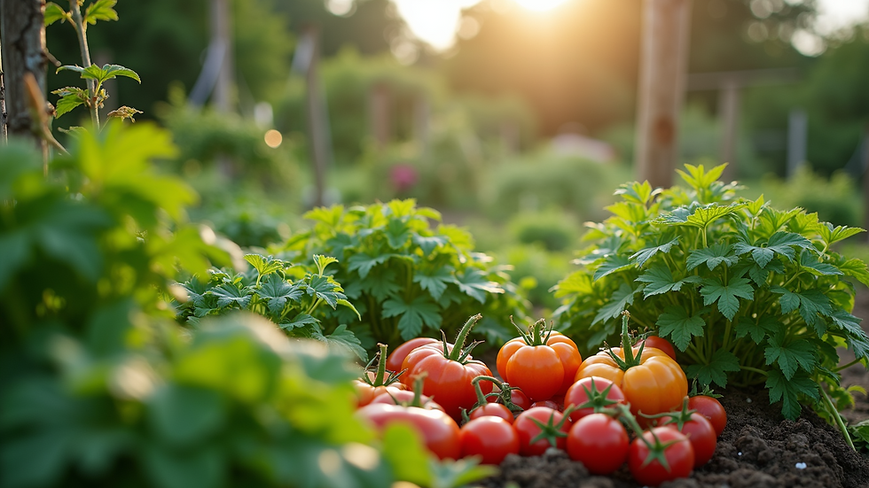 Wide angle view of a nutritious, vibrant vegetable garden with various companion plants