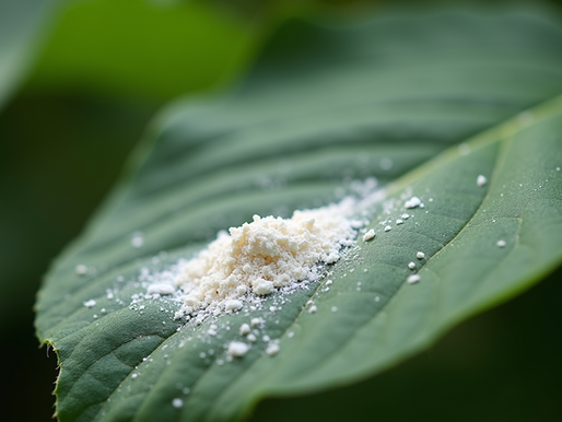 Diatomaceous earth powder piled on a leaf