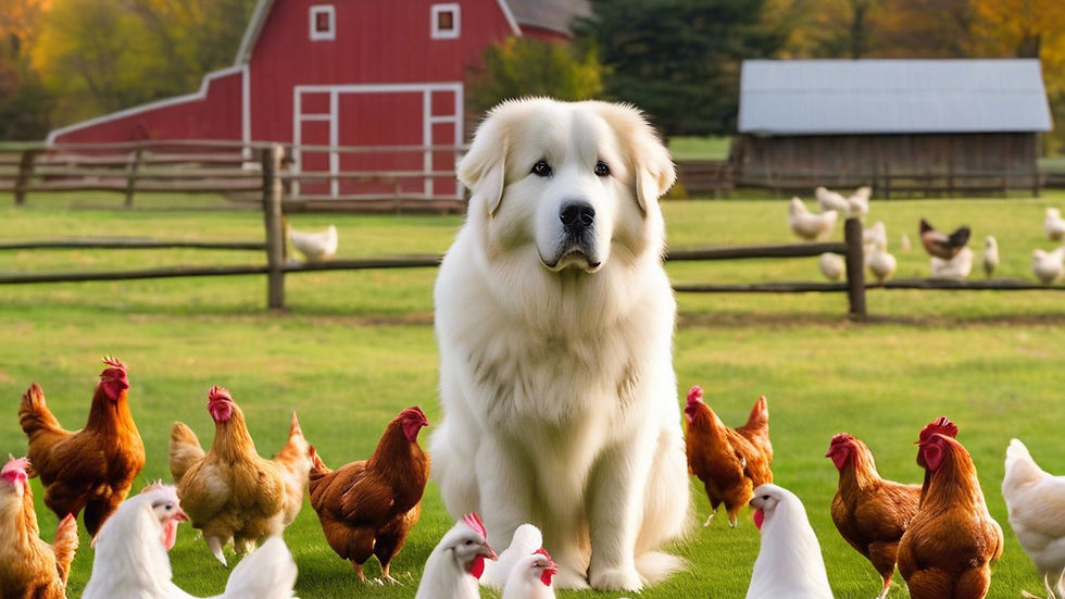 Wide angle view of a peaceful farm with livestock and their guardian animal
