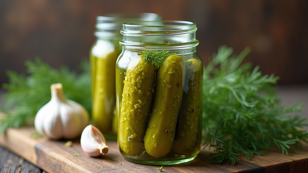Close-up view of pickle jar filled with fresh dill and garlic