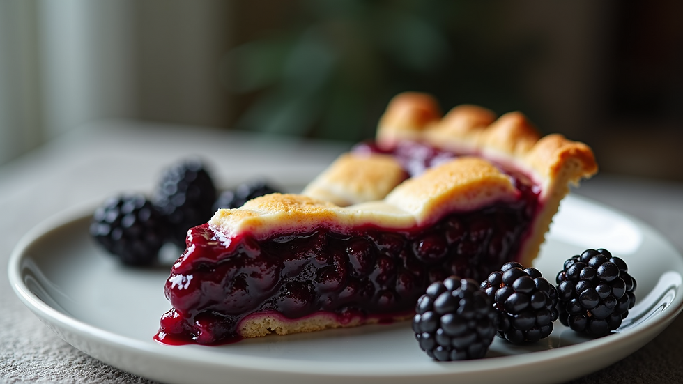 Close-up view of a slice of blackberry pie on a plate