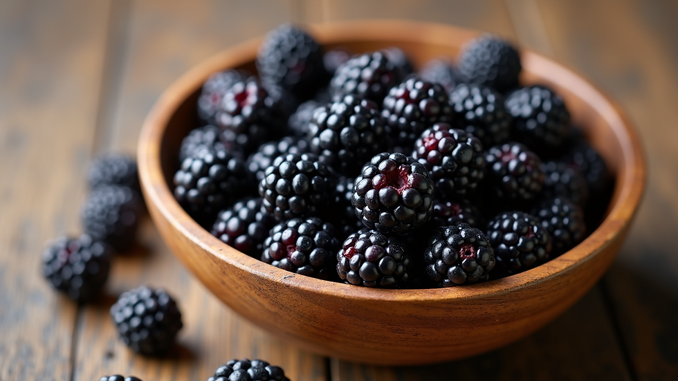High angle view of fresh blackberries in a wooden bowl