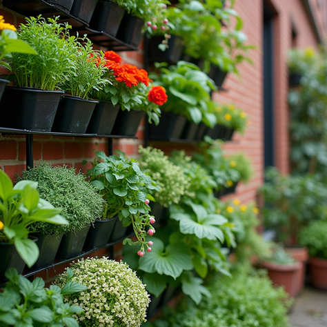 Small pots in a vertical garden filled with plants