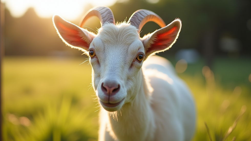 Close-up view of a Saanen goat enjoying a sunny day