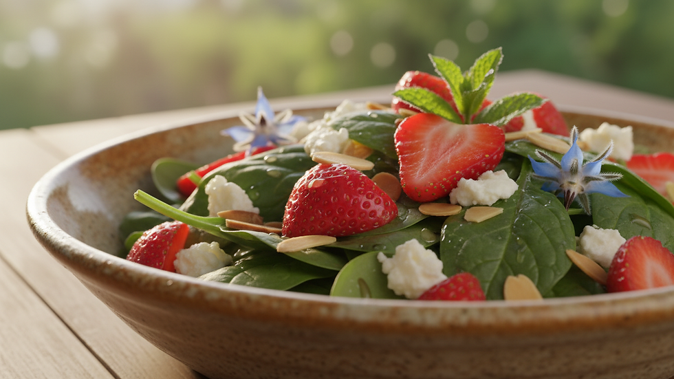 Eye-level view of a colorful strawberry spinach salad in a bowl