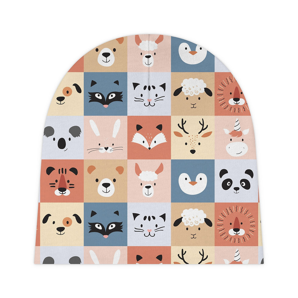 Whimsical baby beanie with a collage of baby animal faces