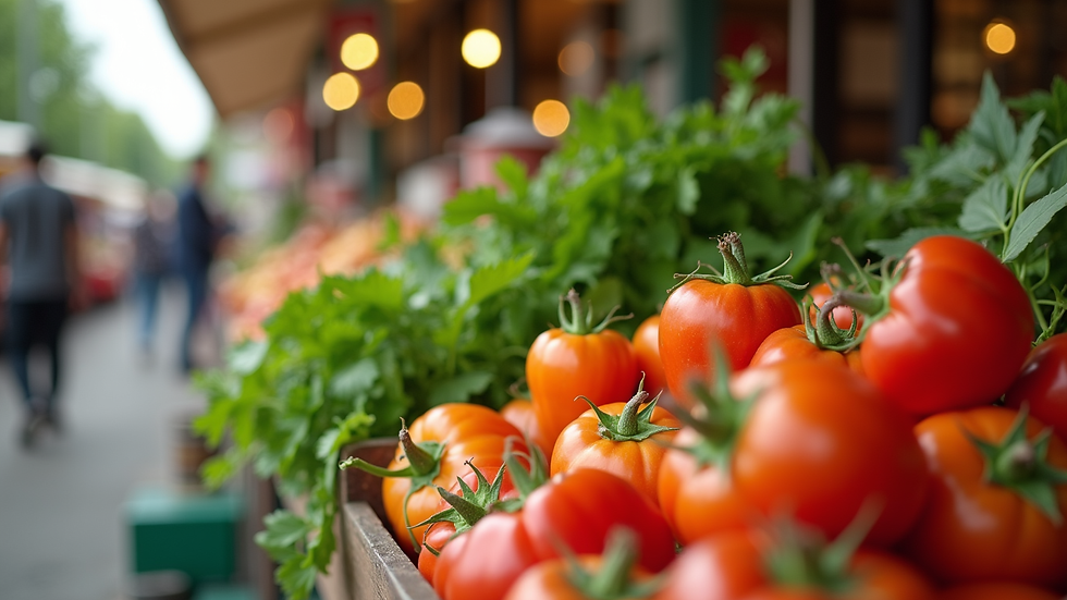 Eye-level view of a farmers market stand with fresh vegetables and herbs