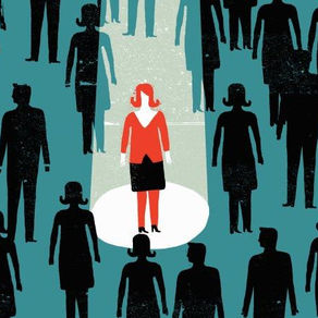 Silhouettes of multiple people with one individual in red highlighted under a spotlight, symbolizing selecting the right candidate in recruitment