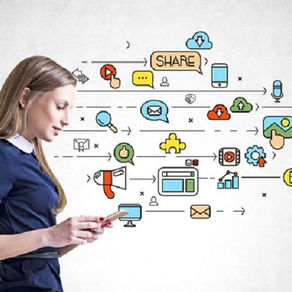 Woman using a digital tablet with colorful networking and communication icons emerging, symbolizing building professional connections
