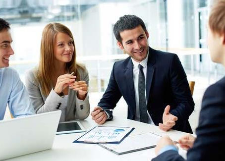 Business team having a career-focused strategy discussion in a modern office