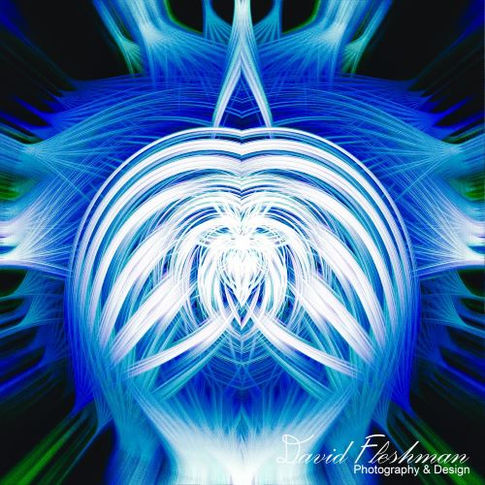 An abstract artwork titled “Beauty of Life: Radiant Symphony,” featuring a symmetrical heart-like shape in vibrant sapphire blue hues, interwoven with white light, creating a dynamic and energetic pattern.