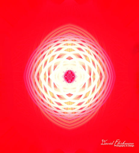 "Celestial Orb" is a a dominant red color palette with symmetrical white and yellow patterns forming an orb-like center that suggests cosmic energy and otherworldliness.