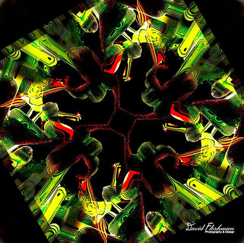Digital artwork 'Amazing Kaleidoscope' showcases a vibrant symphony of color, with radiant greens, yellows, and fiery reds blending in a mesmerizing dance of light and energy. Flowing lines and interconnected elements create a captivating sense of depth and complexity, evoking feelings of wonder, enchantment, and nostalgia.