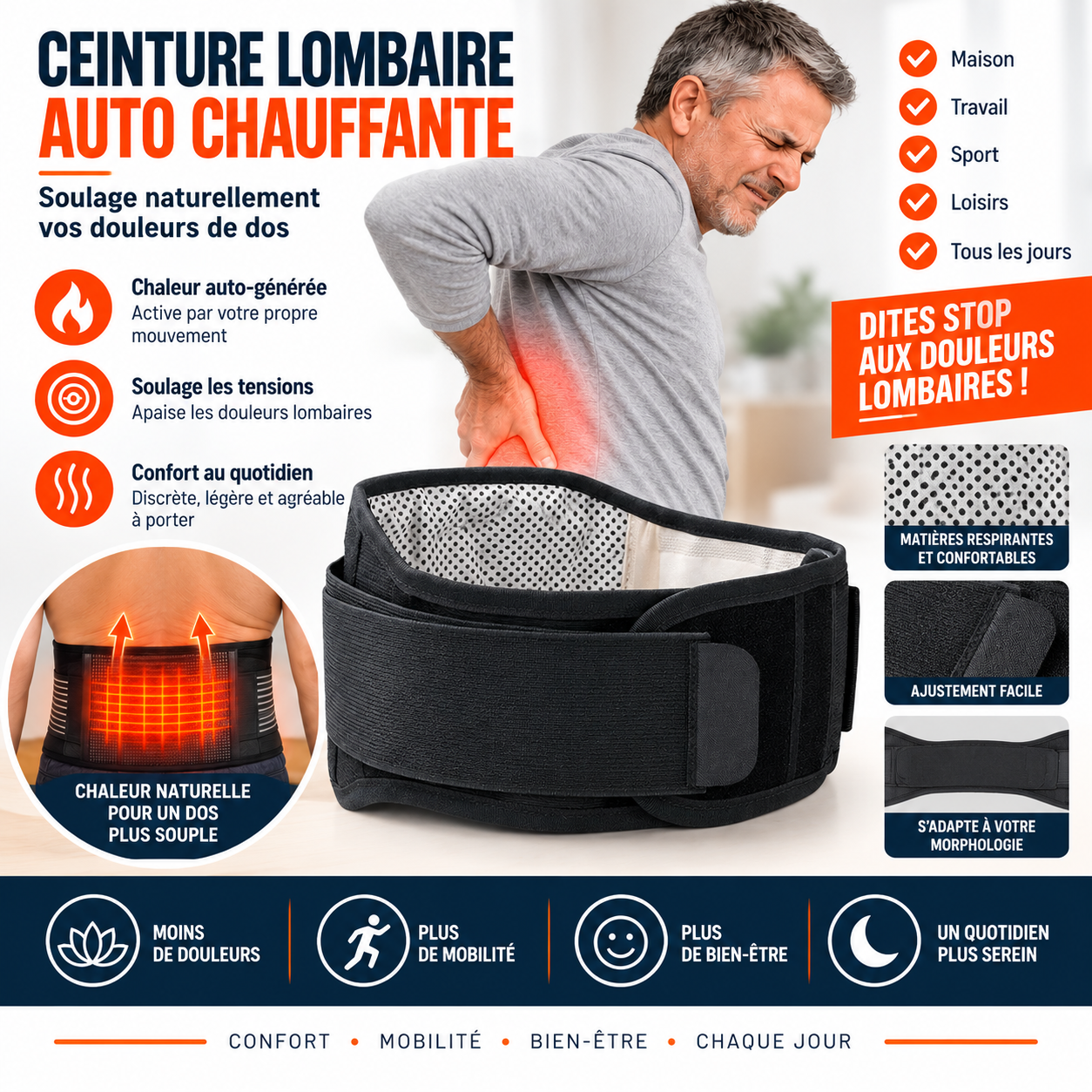 Ceinture lombaire magnétique chauffante – soulagement immédiat & confort absolu