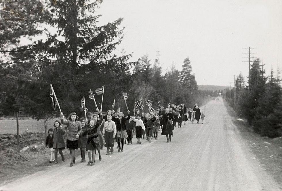 Children’s parade crossing the reopened Norway–Sweden border at Magnor on May 8, 1945